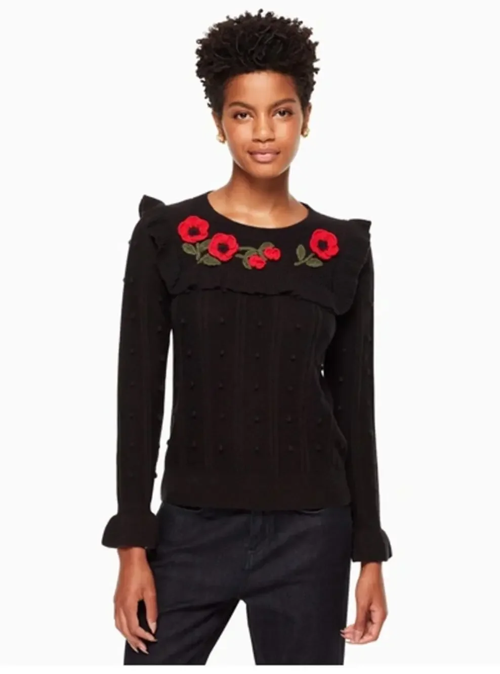 Kate Spade Poppy Embroidered Swiss Dot Long Sleeve Sweater Black Red Womens XS